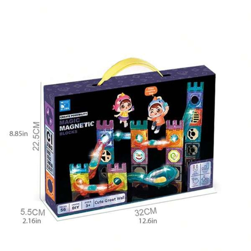 56-Piece Magic Magnetic Blocks Marble Run Set – Brand New Light-Up DIY Building Tiles Castle & Slide Maze