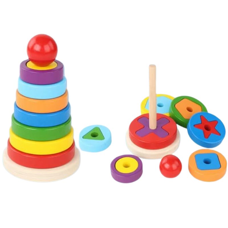 Rainbow Stacker & Shape Sorter – Wooden Rings for Endless Fun