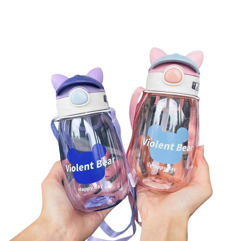 Cute Violent Bear Design Water Bottle With Straw & Strap For Kids