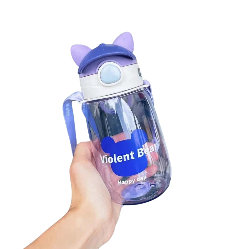 Cute Violent Bear Design Water Bottle With Straw & Strap For Kids