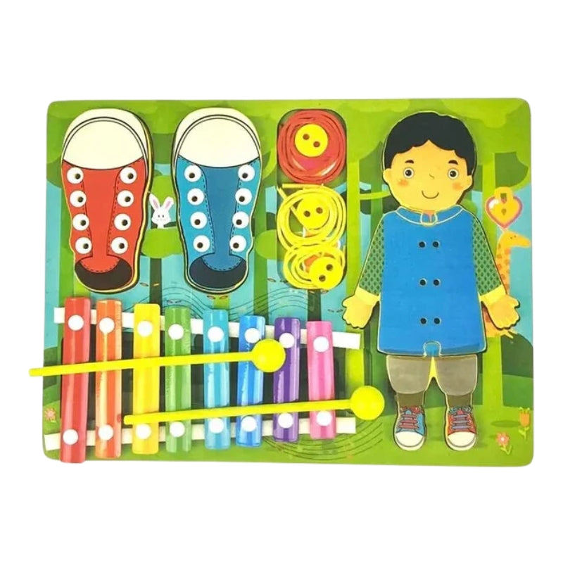 3 in 1 Wooden Threading Board - Xylophone & Thread Game For Kids