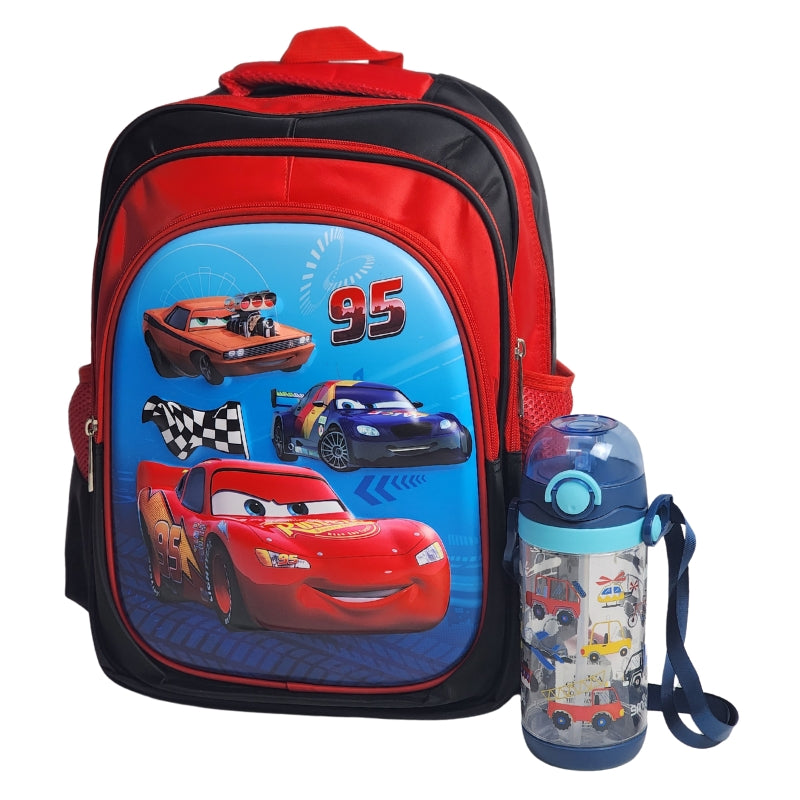 Car Themed School Backpack With Water Sipper For Kids