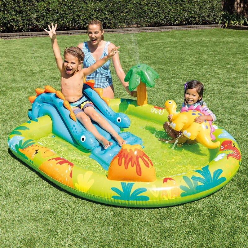 Intex Inflatable Dino Pool With Palm Tree Sprayer, Mini Slide For Kids (79x67x21)