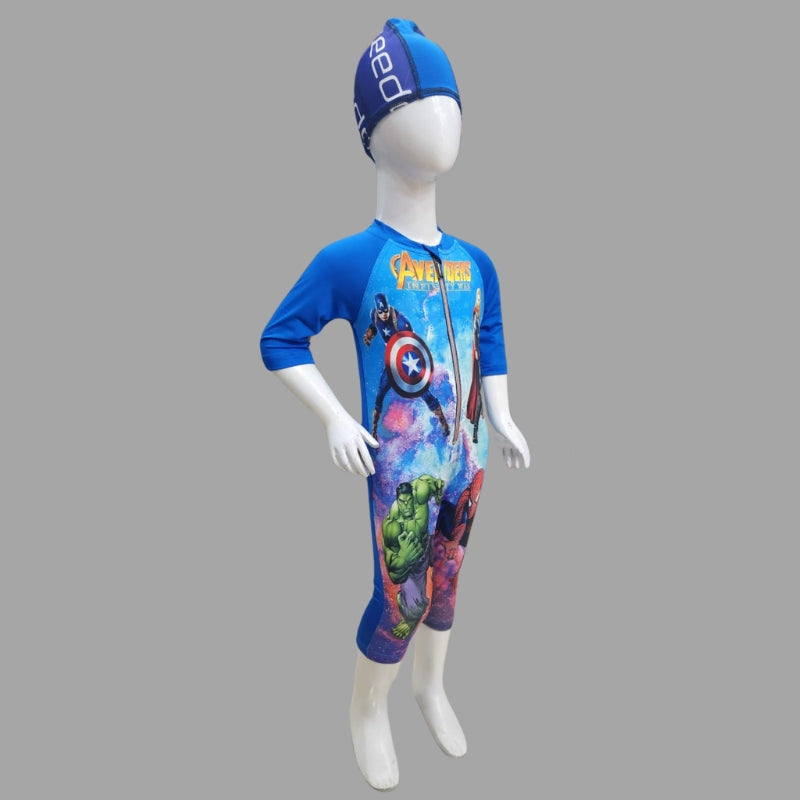Avengers Zipper Swimming Costume With Cap For Kids