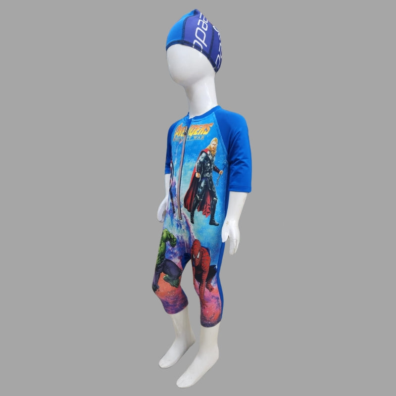 Avengers Zipper Swimming Costume With Cap For Kids