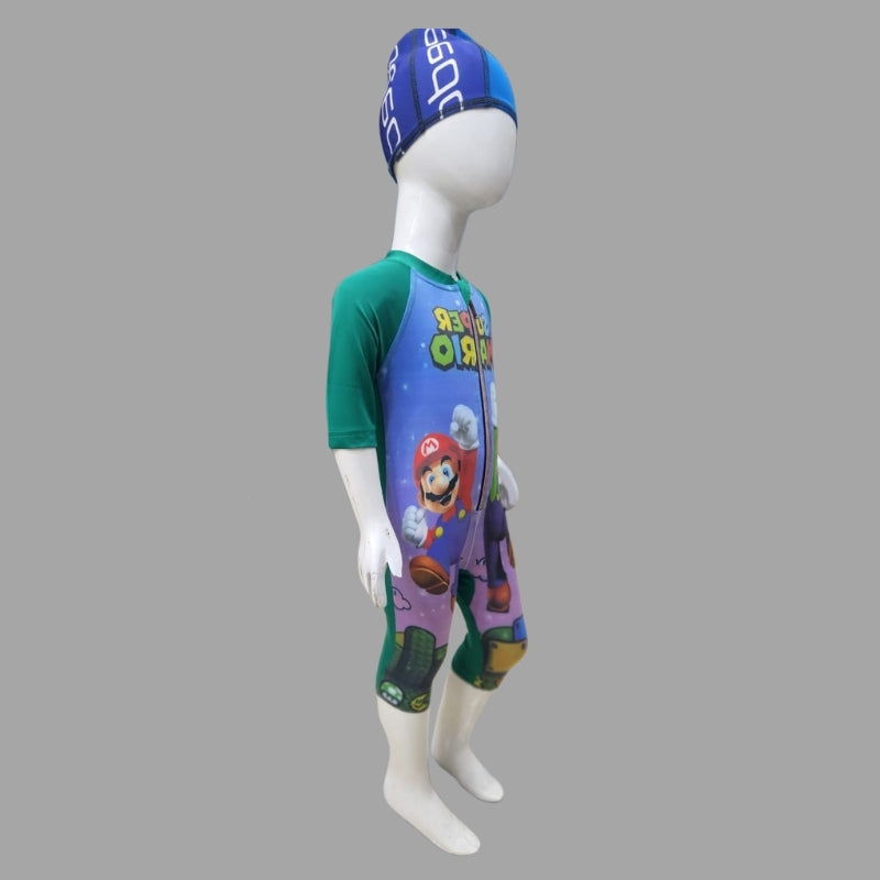 Super Mario Zipper Swimming Costume With Cap For Kids