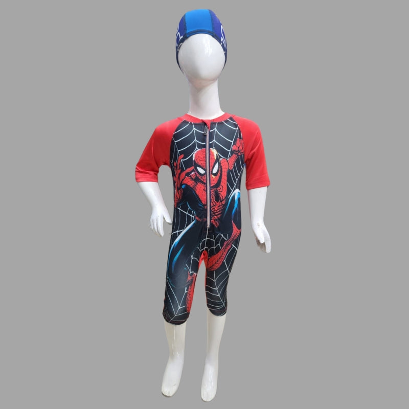 Spiderman Zipper Swimming Costume With Cap For Kids
