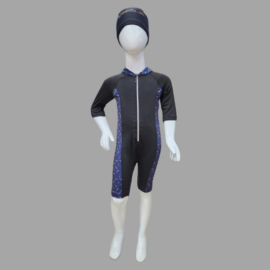 Zipper Swimming Costume With Cap For Kids - Black