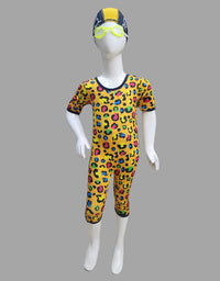 Jaguar Swimming Costume Lycra Fabric With Cap For Kids
