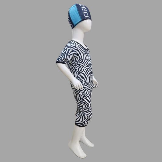 Zebra Swimming Costume Lycra Fabric With Cap For Kids