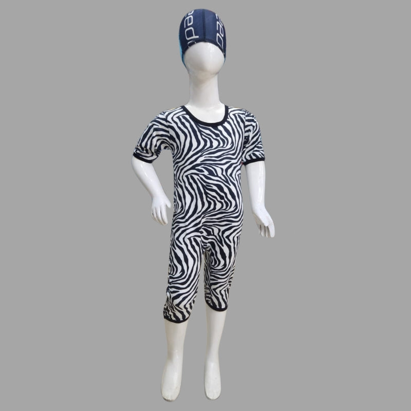 Zebra Swimming Costume Lycra Fabric With Cap For Kids