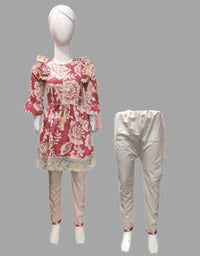 Multicolor Printed Cotton Fabric Kurti With Plain Pajama For Girls
