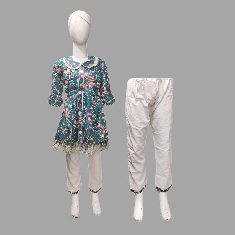 Multicolor Printed Cotton Fabric Kurti With Plain Pajama For Girls