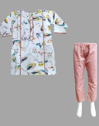 Printed Kurti Cotton Fabric With Pink Pajama For Girls
