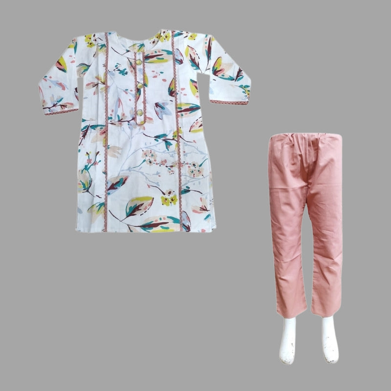 Printed Kurti Cotton Fabric With Pink Pajama For Girls