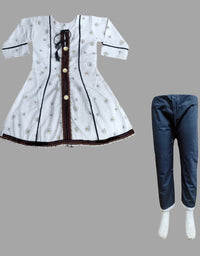 White Kurti Cotton Fabric With Blue Pajama For Girls
