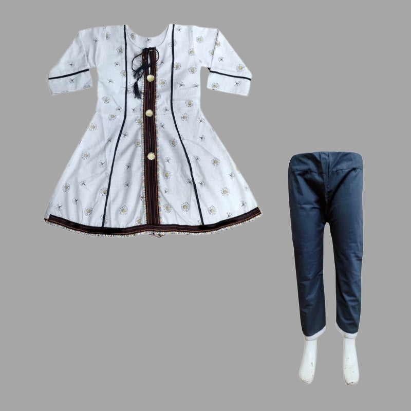 White Kurti Cotton Fabric With Blue Pajama For Girls