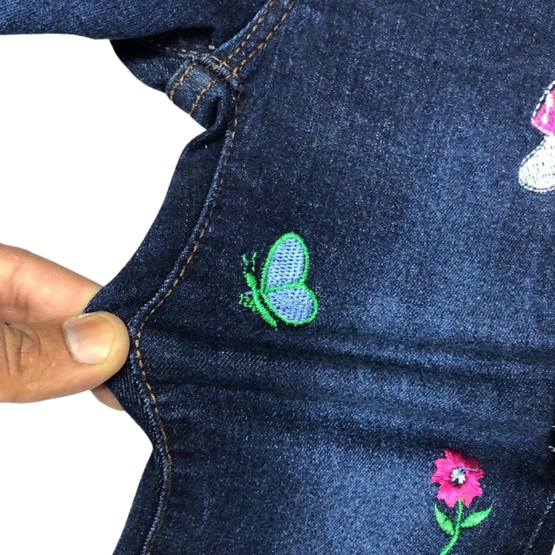 Flair-Fit Stretchable Blue Jeans With Mushroom Embroidery For Girls