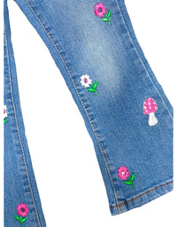 Flair-Fit Stretchable Blue Jeans With Mushroom Embroidery For Girls
