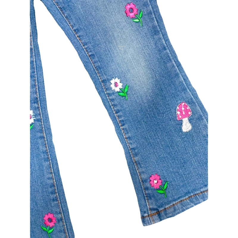 Flair-Fit Stretchable Blue Jeans With Mushroom Embroidery For Girls