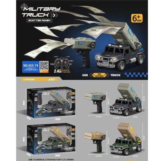 2-in-1 Military Remote Control Spray Money Car – 2.4GHz RC Vehicle