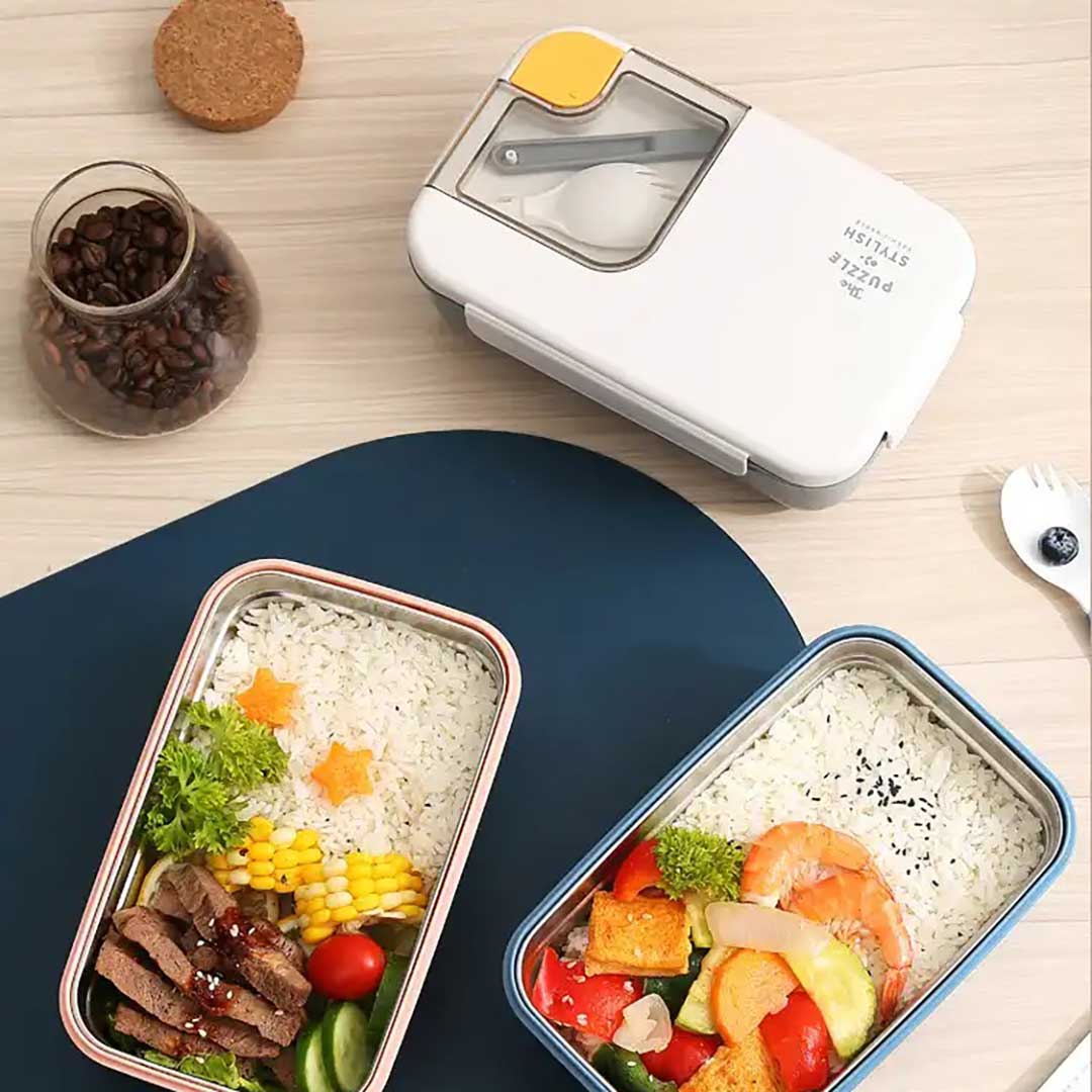 Stainless Steel Lunch Box with Two Compartments and Spoon Hermetic Packed Lunch Box for kids